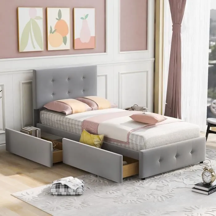 Lit simple, lit rembourré 90x200cm avec 2 tiroirs, lit capitonné pour enfant ou adulte, gris-0