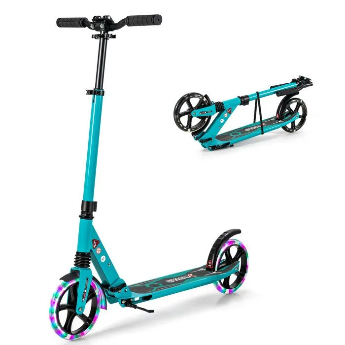 COSTWAY Trottinette Pliable pour Enfants 2 Roues Eclairée avec Barre en T 3 Hauteurs Réglables Plateau Antidérapant 100KG Vert-0