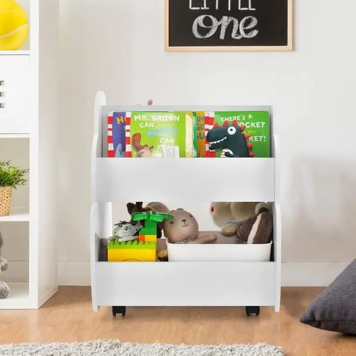COSTWAY Bibliothèque Enfants à Roulettes 2 Niveaux, 62 x 47 x 63,5 CM, Rangement Pour Jouets Blanc-1
