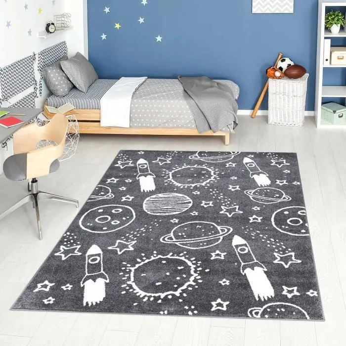 Tapis pour chambre d'enfant Astronaute Gris et Blanc 80x150cm-1