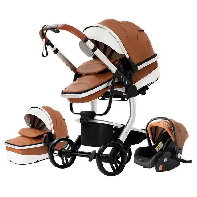 Bebeboutik Poussette Bebe Trio Combinee Landreau Reversible Grand Luxe en Cuir PU Hyper Confort Cadre Haut Alu Robuste et Leger Design Marron