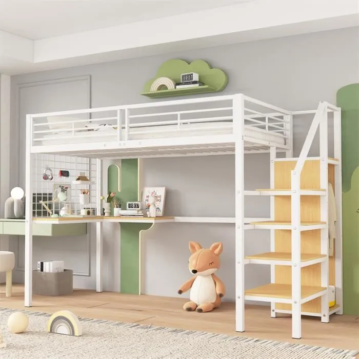 Lit mezzanine - Marque non spécifiée - 90x200cm - Acier + MDF - Blanc - Armoire intégrée-1