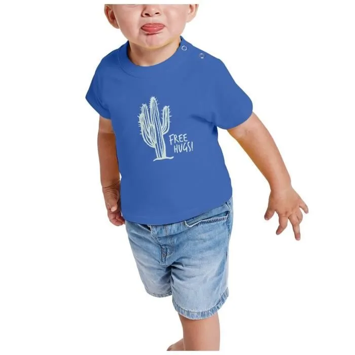 T-shirt Bébé Manche Courte Bleu Cactus Free Hugs - Plante Humour Dessin-1
