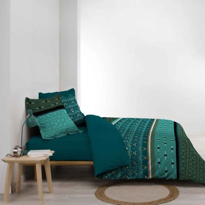 Housse de couette - Percale - Graphique - Bleu canard et vert - 260 x 240 cm - 3 pièces-2
