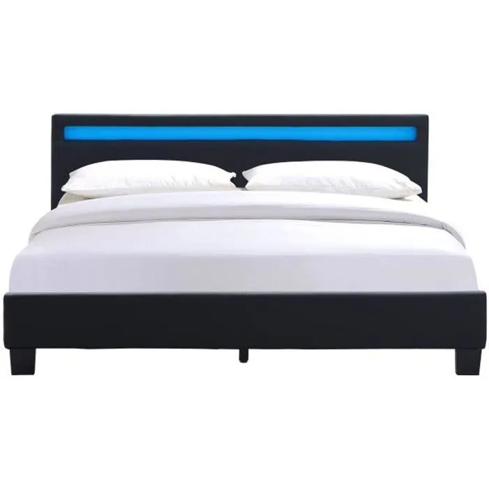 angel - Solide et Confortable Lit 160x200 avec Sommier Tte de Lit avec Eclairage LED Couleur NOIR Pieds en 10 cm p-0