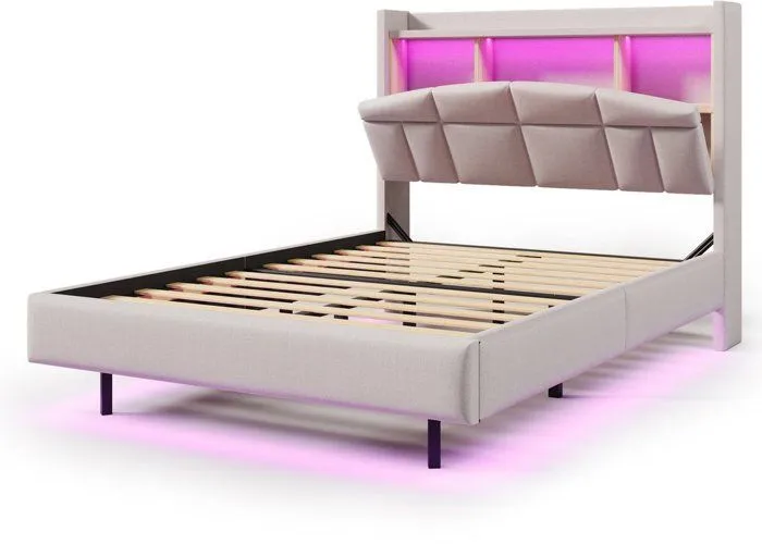 Lit double 140x200cm, étagère rabattable, tête de lit avec étagère, USB et lumières LED, sans matelas, beige-1