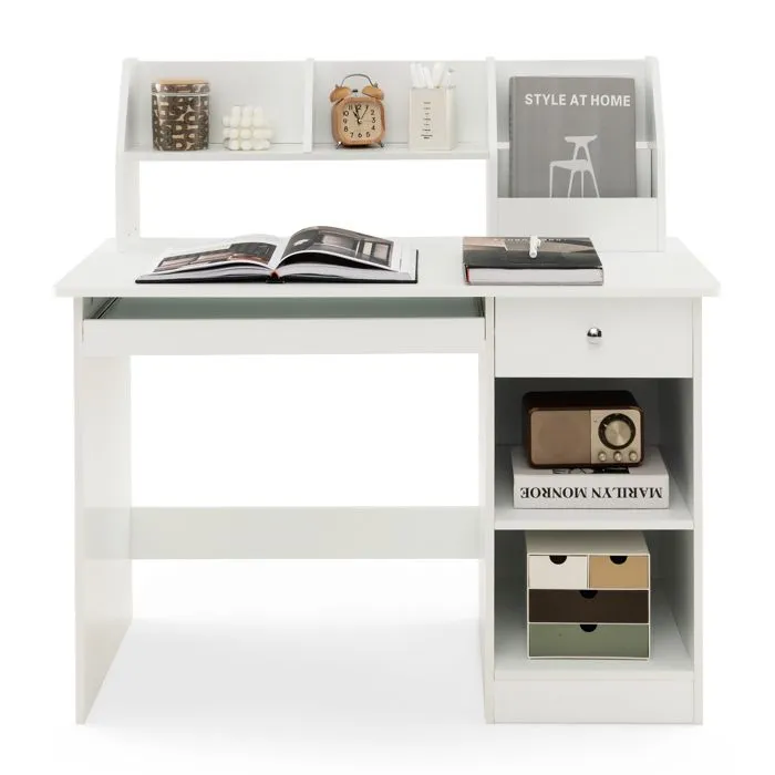 COSTWAY Bureau pour Enfant et Adolescent, avec Niche, Plateau pour Clavier, Tiroir, Étagères de Rangement, Hauteur du bureau 61 cm-0