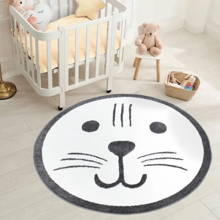 Tapis Enfant - IMAGINE - Tête d'Ours - Rond - Motifs colorés - 120x120cm-1