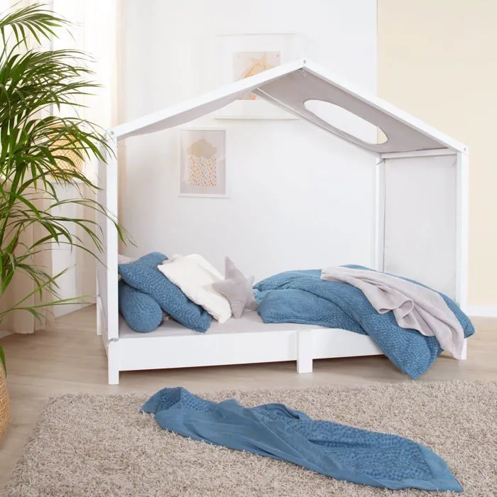 Toile de Lit Cabane Montessori 70x140 - ROBA - avec 2 Poches de Rangement et Fenêtre de Toit - Gris Clair-4