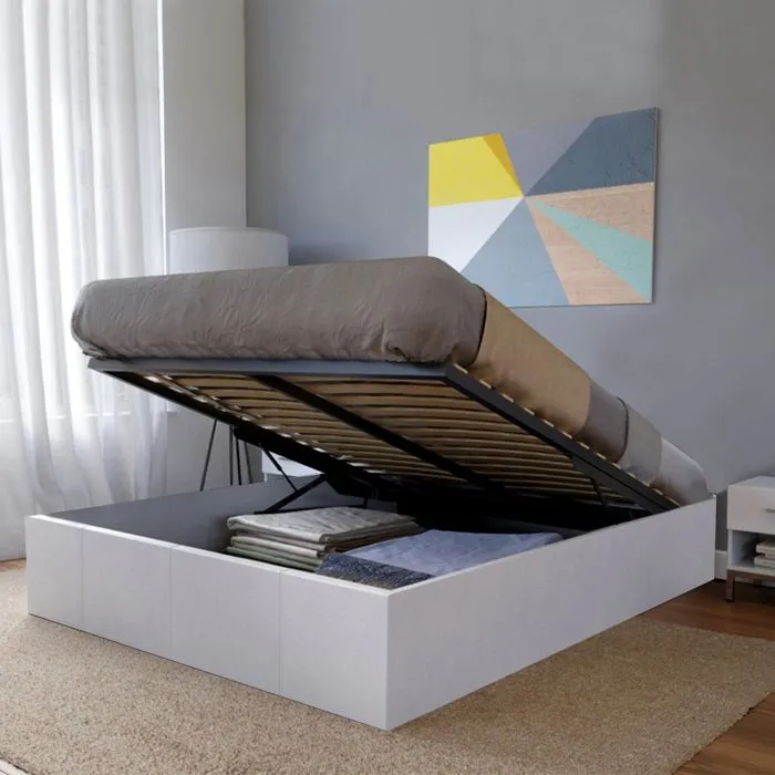 Lit coffre - WEBER INDUSTRIES - TORINO - 140x190 cm - Blanc - Sommier à lattes multiplis-0