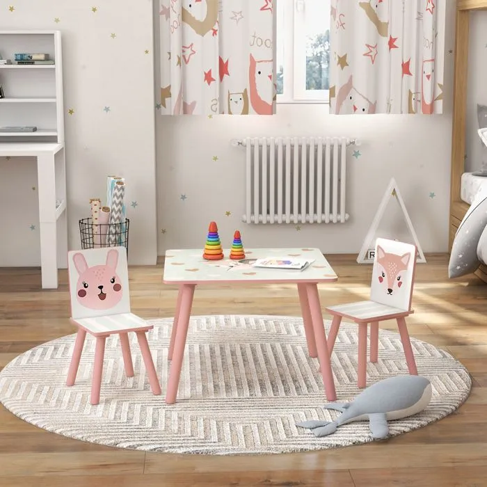 Ensemble table et chaises pour enfants - ZONEKIZ - motif animaux - pour chambre à coucher salle de jeux - pieds en bois - rose-2