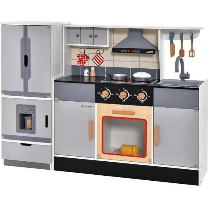 COSWAY Cuisine Enfants 3-10 Ans, 12 Accessoires, Réfrigérateur Amovible, Effect Son et Lumière Gris-0