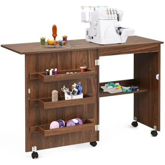 COSTWAY Table de Bureau Couture Pliante -3 Bacs et 1 Etagère de Rangement - Roulettes Verrouillables pour Salon, Studio en Bois-0