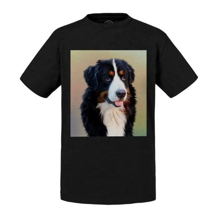 T-shirt Enfant Gris Saint Bernard Gros Chien Poil Long Mignon Noir Blanc Marron-0