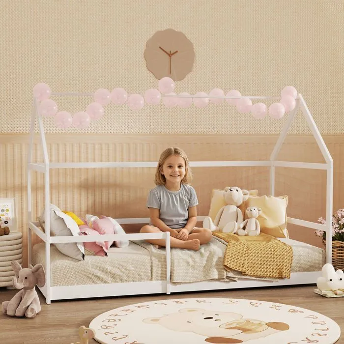 Lit cabane enfants 90x190 cm AIYAPLAY lit enfants lit maison enfant avec protection antichute, sommier à lattes et toit blanc-1