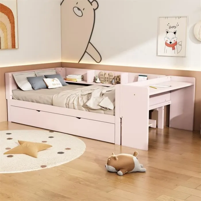 Lit gigogne 90x200cm+90x180cm, avec petit bureau, trois étagères sur le côté du lit, rose-1