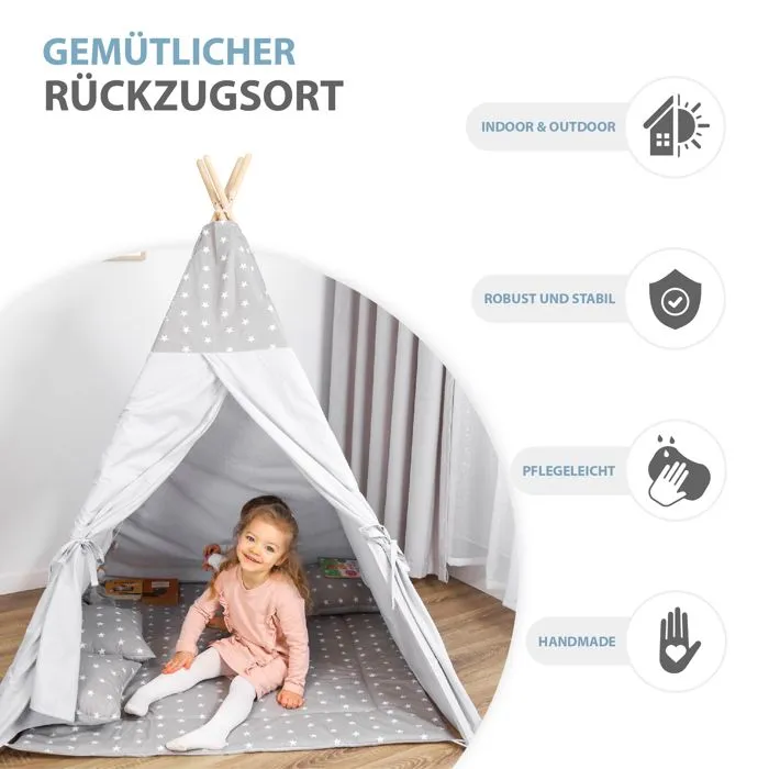 Tente de jeu Tipi Enfant avec Tapis - AMAZINGGIRL - Modèle 1 - Coton - Gris-1