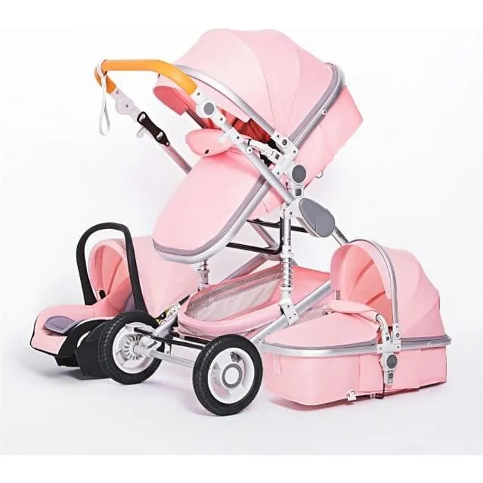 Bebeboutik Poussette Bebe Combinee Trio Pack 3 en 1 Rose Chassis Haut a Absorption de Chocs Pliable Siege Auto Reversible Roues Increvables