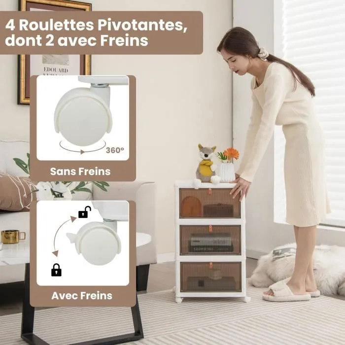COSTWAY Boîte Rangement Plastique 3 Niveaux, 360° Roulette Verrouillable, Boîte à Chaussures avec Porte Magnétique Transparente-3