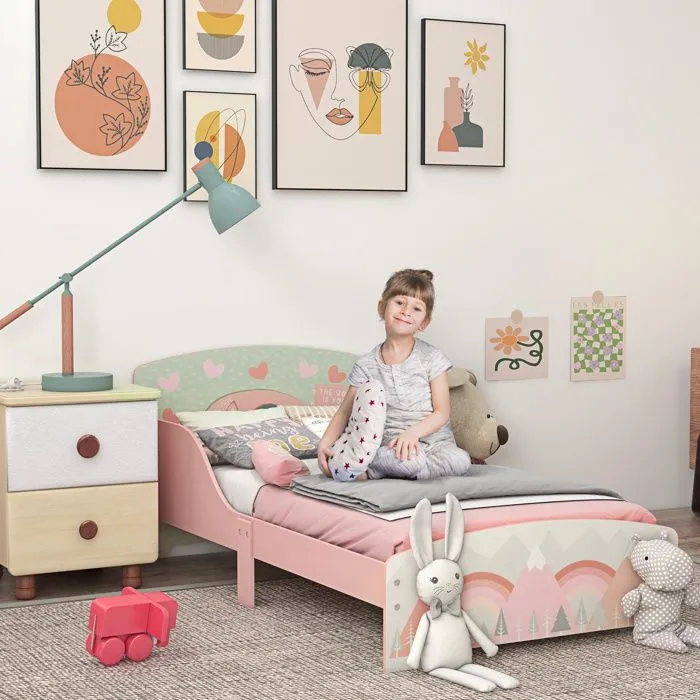 Lit pour enfant ZONEKIZ 3-6 ans avec barrières de sécurité et motifs dim. 77 x 143 x 60 cm sommier à lattes inclus - rose-1