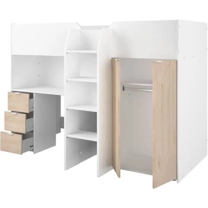 Lit combiné mezzanine enfant - TOM - Blanc et chêne - Armoire, bureau et sommier inclus-3