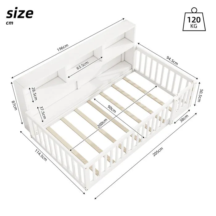 Lit enfant - Blanc - 90x200cm - Avec rangement - Sommier à lattes - Sécurisé-5