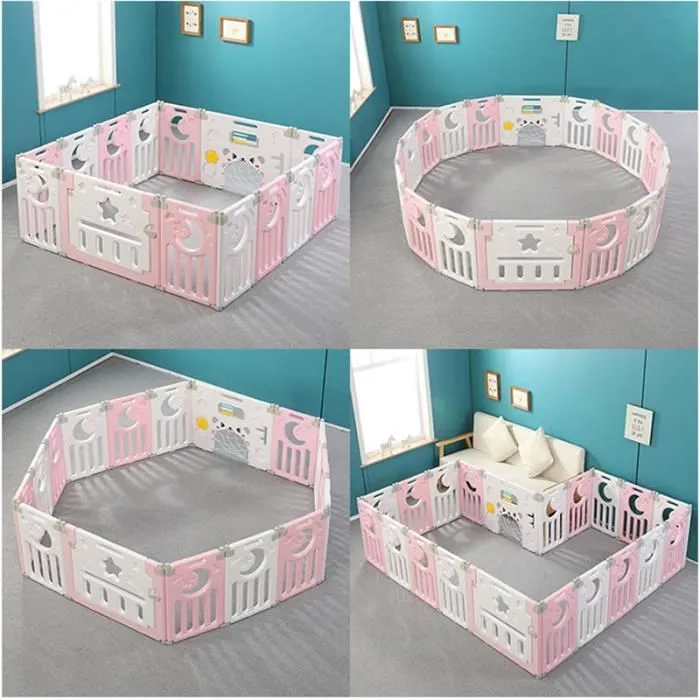 Parc Bébé Barrière Sécurité Plastique Pilable Enfant Protection 12 + 2 Panneaux d’Activité Porte Rose et Blanc-3