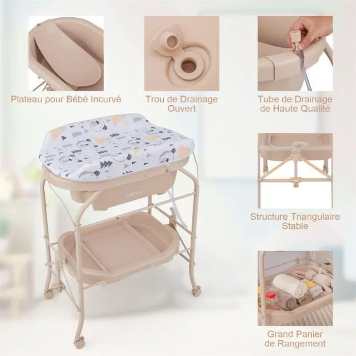 COSTWAY Table à Langer Bébé avec Baignoire 20L 4 en 1 Pliante 4 Roues,Tuyau 1m,Plateau de Rangement Coussin PVC Imperméable Beige-3