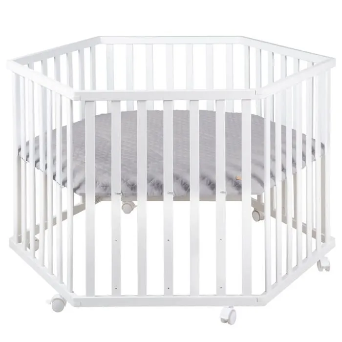 ROBA Parc Bébé "roba Style" 3 positions + Tapis de Parc Gris et 6 Roues - Bois Blanc-0