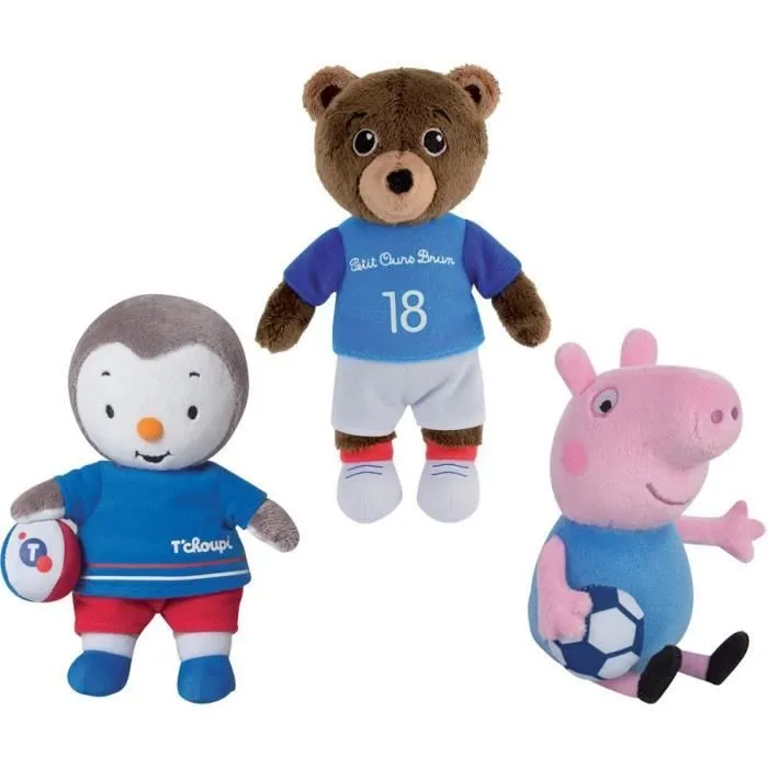 JEMINI Peppa Pig T'CHOUPI et Petit ours brun footballeurs Lot de 3 peluches +/-18 cm-0