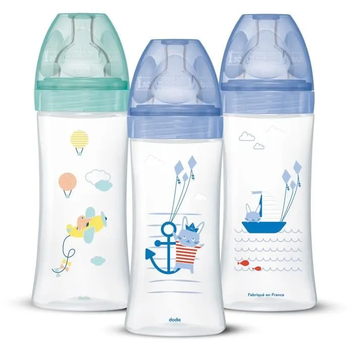 DODIE Lot de 3 Biberons Anti-Colique Sensation+ 330ml +6 Mois, Tétine Plate, Débit 3 - Bleu Mer et Vert Air-0