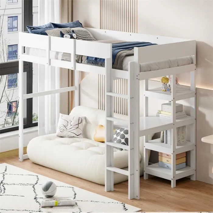 Lit mezzanine 90x200cm - lit enfant en pin massif avec sommier à lattes, échelle et étagères de rangement - blanc-0