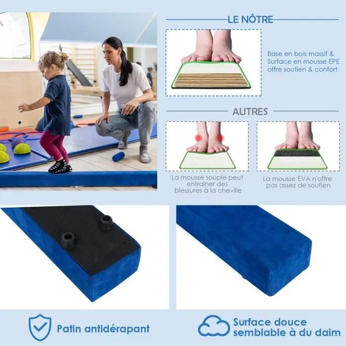 COSTWAY Poutre de Gymnastique Pliable 210cm pour Enfants avec Poignées de Transport 4 Patins Antidérapants Couverture en Daim Bleu-1