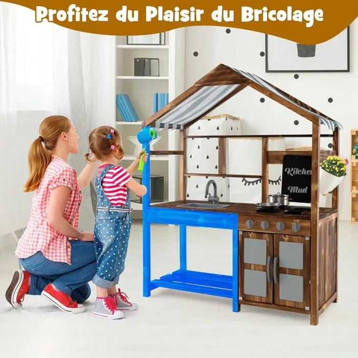 Cuisine Enfants d'Extérieur COSTWAY - Auvent, Robinet Rotatif, Évier Amovible, Poêles, Boutons Réalistes, Tableau Noir, 3 à 7 Ans-5