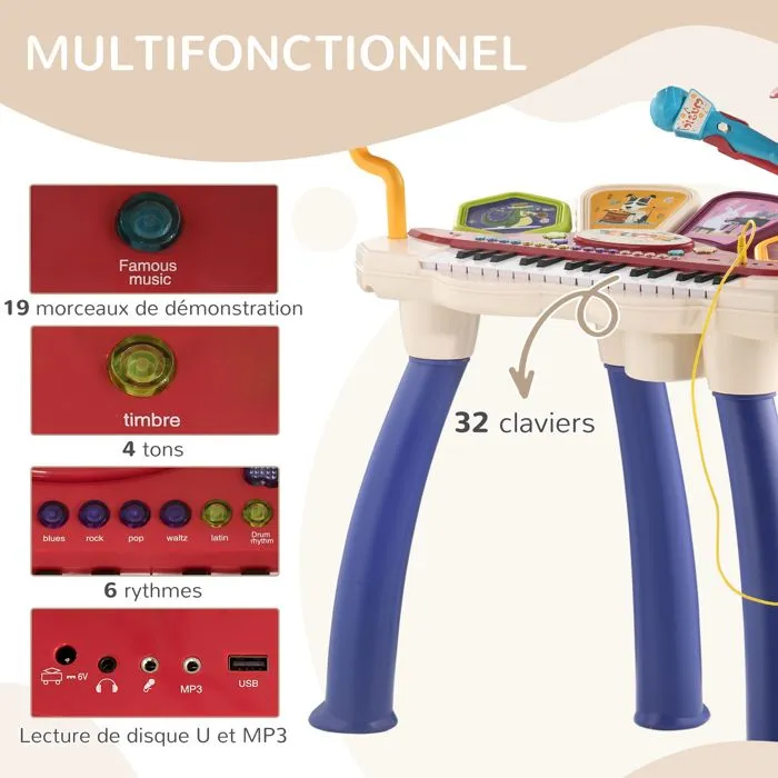 AIYAPLAY Piano enfant, clavier électronique batterie 2 en 1, 32 touches multifonctions imitation instrument musique, multicolore-4