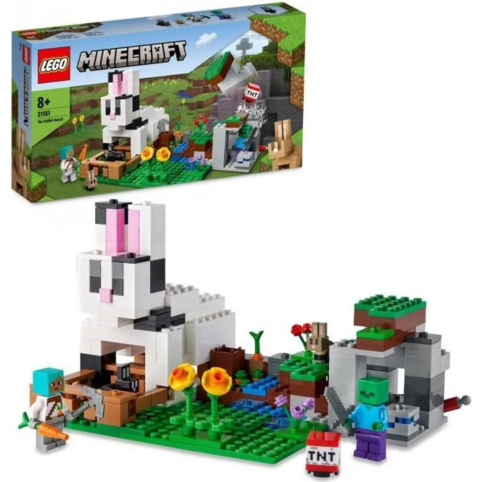 LEGO 21181 Minecraft Le Ranch Lapin, Jouet, avec Figurines Animaux de la Ferme, Zombie, TNT, Garçons et Filles Dès 8 Ans-0