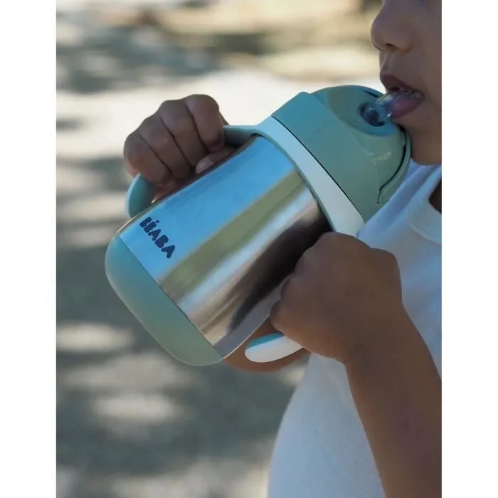 BEABA, Biberon/Tasse d'apprentissage/Gourde Bébé 2 en 1, Tasse Paille Enfant, Inox 100% étanche, Anti-fuite, 250ml, Vert sauge-1