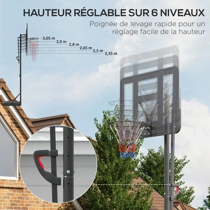 Panier de basket SPORTNOW sur pied hauteur réglable de 2,35m à 3,05m avec roulettes, panneau arrière solide, Base de Lestage-5