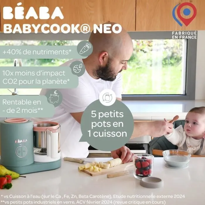 BÉABA - Babycook Néo, Robot Cuiseur Vapeur 6 en 1- Fabriqué en France - Bol en Verre - Contenance XL - Eucalyptus-5