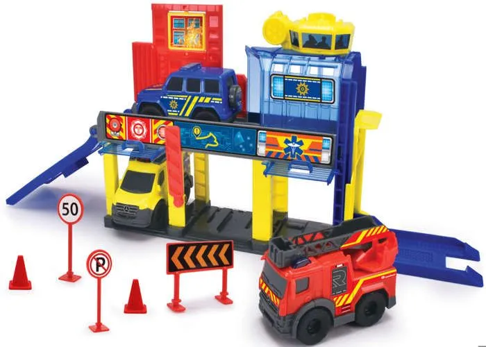 Dickie Mini Rescue Station Set 3 véhicules de secours ambulance pompiers voiture de police + accessoires-1