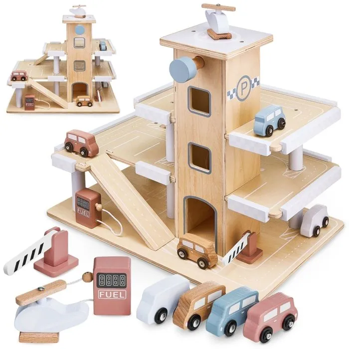 Mamabrum Garage pour Voitures en Bois – Parking avec Piste d'Atterrissage 4 Voitures 1 Hélicoptère 1 Pompe à Essence & Accessoires-0