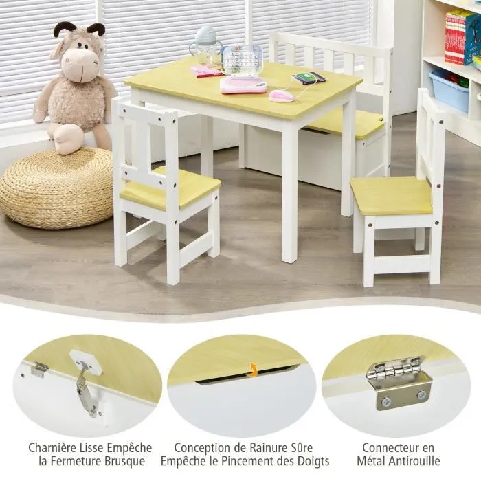 COSTWAY Ensemble de Table et Chaises pour Enfant,avec Table, 2 Chaises et Banc de Rangement 2 en 1,pour Étudier et Manger, Naturel-2