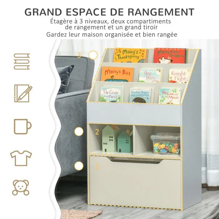 Bibliothèque HOMCOM étagère Multi-Rangement 3 étagères 2 niches Grand tiroir en bois Gris-4