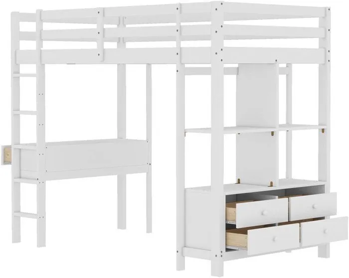 Lit mezzanine - Blanc - 90 x 200 cm - Avec bureau et tiroirs - 1 place - Design contemporain-1