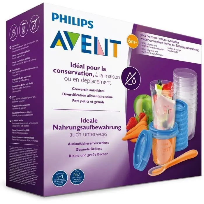 Set de pots de conservation - PHILIPS AVENT - Purées - 10x180ml + 10x240ml + 20 couvercles + Cuillère de sevrage + Recettes-2