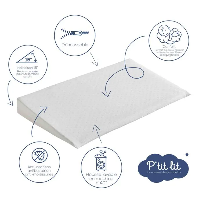 Plan Incliné Bébé 60x35 cm - P'Tit Lit - Limite les reflux - Anti Acariens - Inclinateur 10° - Déhoussable-2