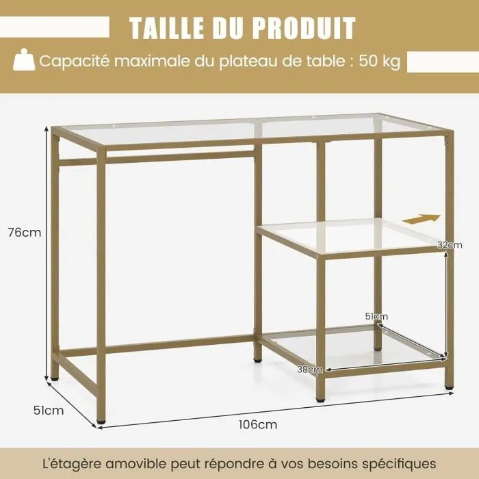 COSTWAY Bureau Transparent à 2 Étagères - 106 x 51 x 76 CM, en Verre Trempé, Cadre en Métal Doré, Style Scandinave Moderne-1