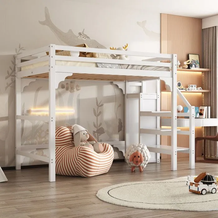 MODERNLUXE Lit mezzanine 140x200cm avec marches, penderie, rangements, blanc-0