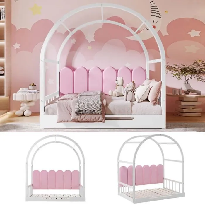 Lit enfant 140x100(200)cm, lit gigogne avec sommier à lattes, cadre en pin, tissu en velours, blanc + rose-0