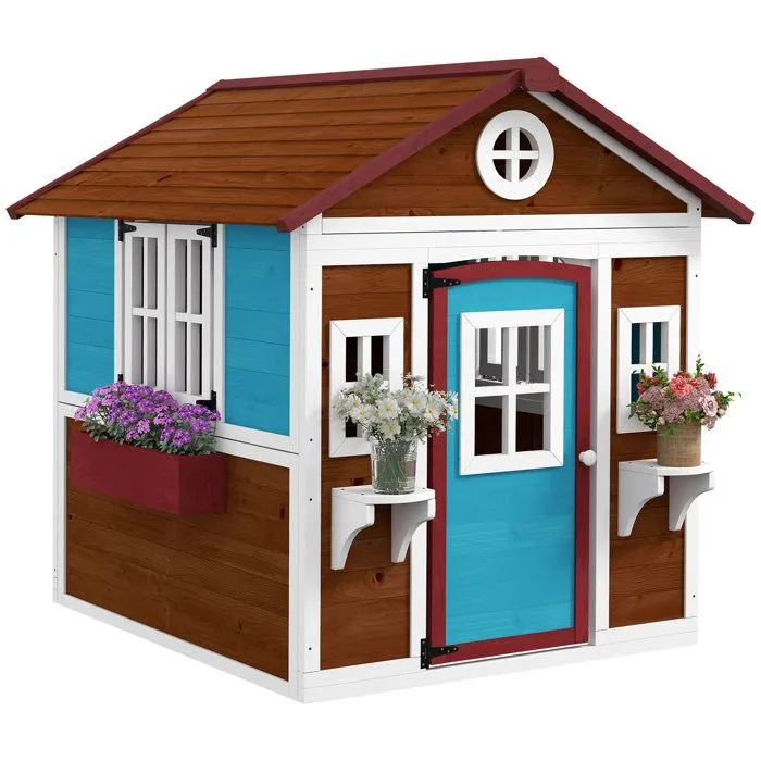 Cabane enfant extérieur - Outsunny - avec porte fenêtres et jardinières - 114 x 126,4 x 135 cm - Marron-0